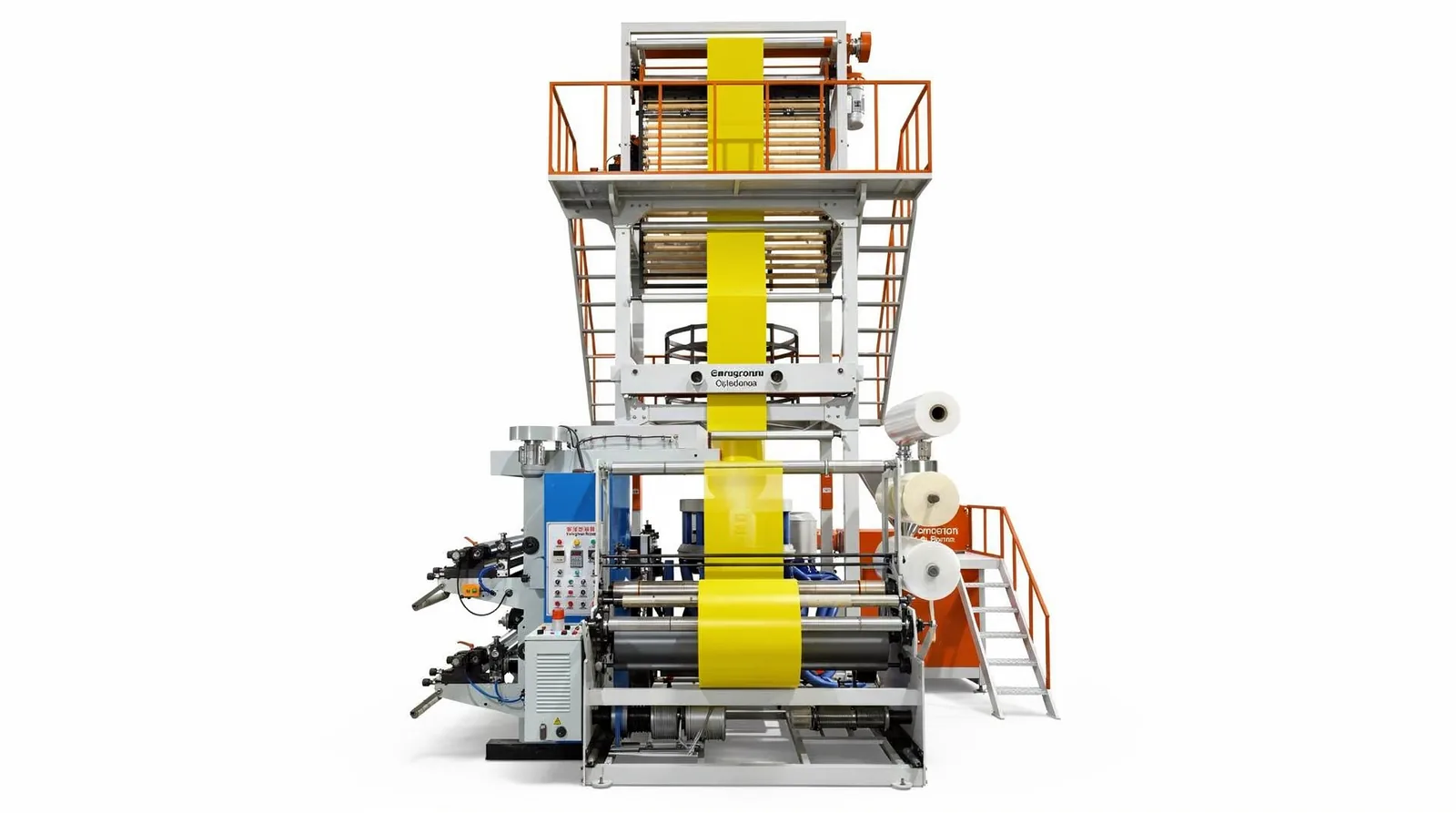 Una máquina de film soplado funde resina polimérica, la extruye a través de una matriz circular y la infla