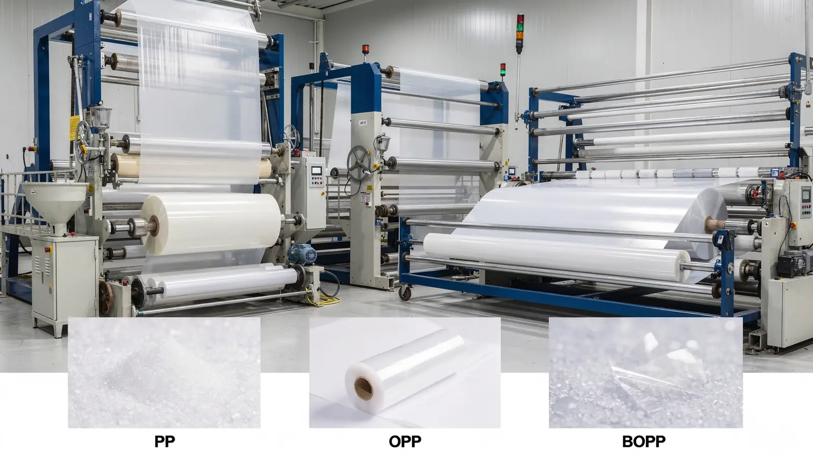 PP, OPP, and BOPP are distinct film types made in different manufacturing styles, standing